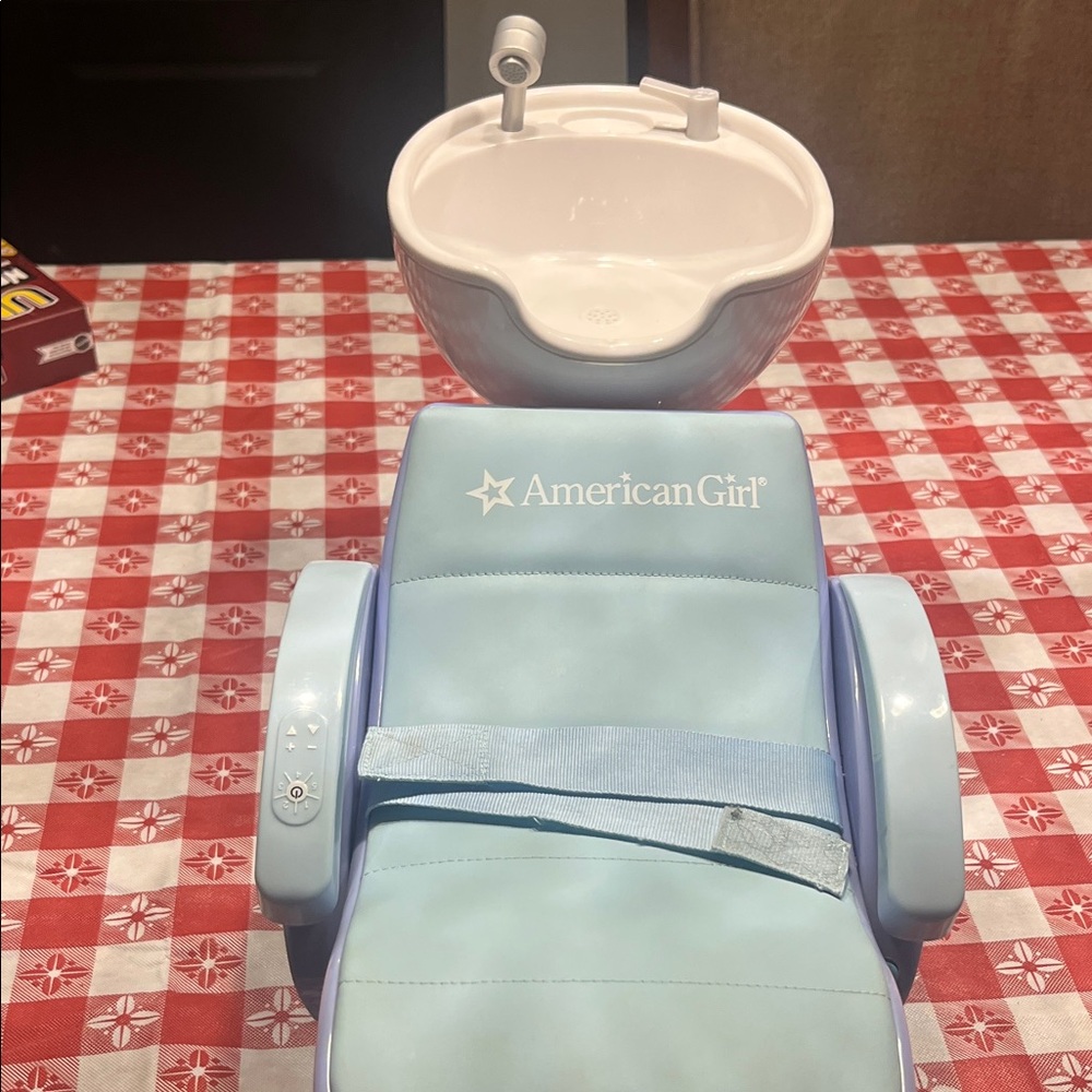 American Girl Light Blue Salon Chair with White Sink